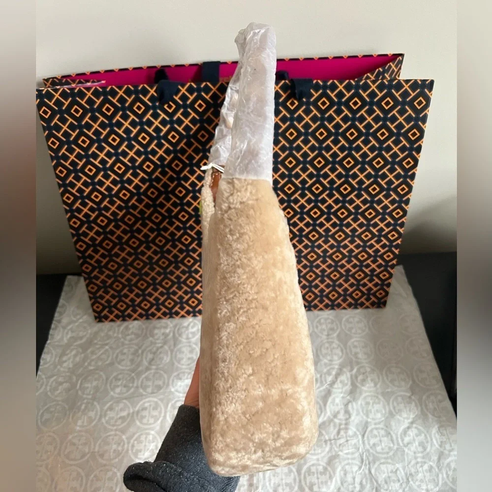 Tory Burch Emerson Shearling Shoulder Bag Fresh Wheat Gold Tan Brown Cream